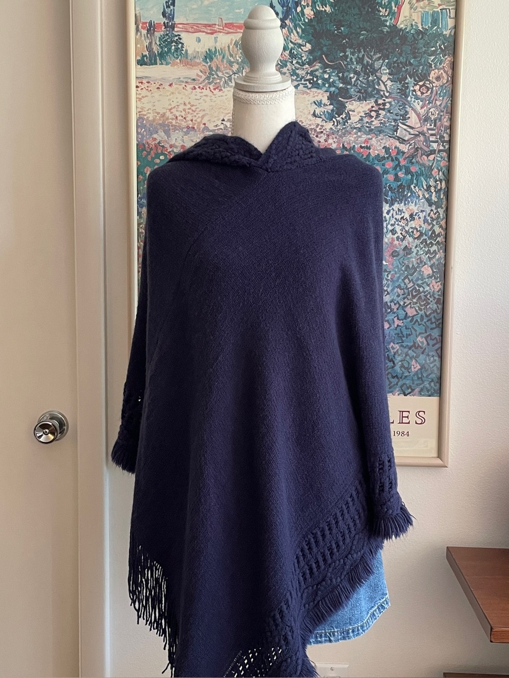 Navy Blue Hooded Knit Poncho Fringe Hem Crochet Trim Boho Western One Size